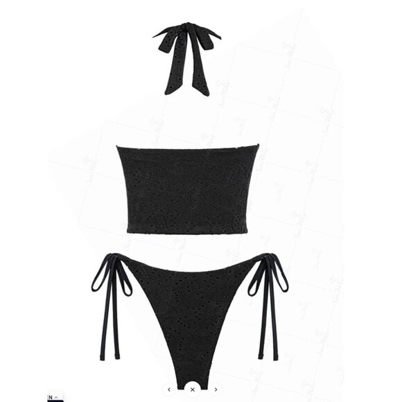 Seamoly Black X-Small Eyelet Jacquard Textured Bowknot Decor Halter Tankini NEW! - Picture 2 of 5